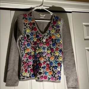 Talbots Heather Gray Knit Floral Sweater